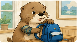 Ollie packing a blue backpack for the story mission